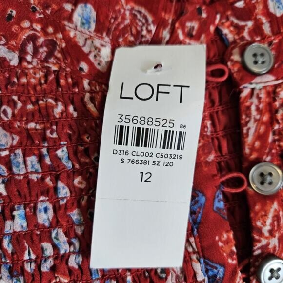 Loft Garden Smocked Bodice Tiered Maxi Dress Floral Long Sleeve Red 12 Large NWT - Picture 12 of 16